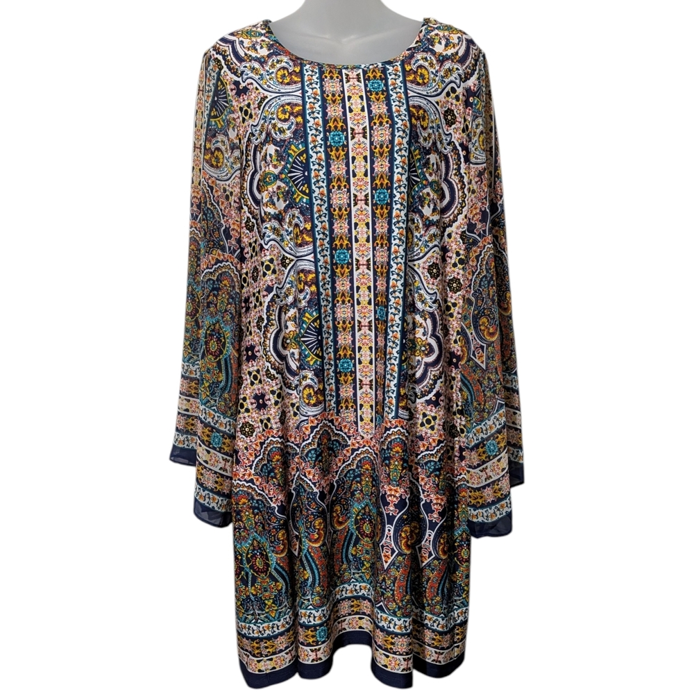 Bohemian Print XL Sheer Long Statement Sleeve Stretch Lightweight Dress Festival